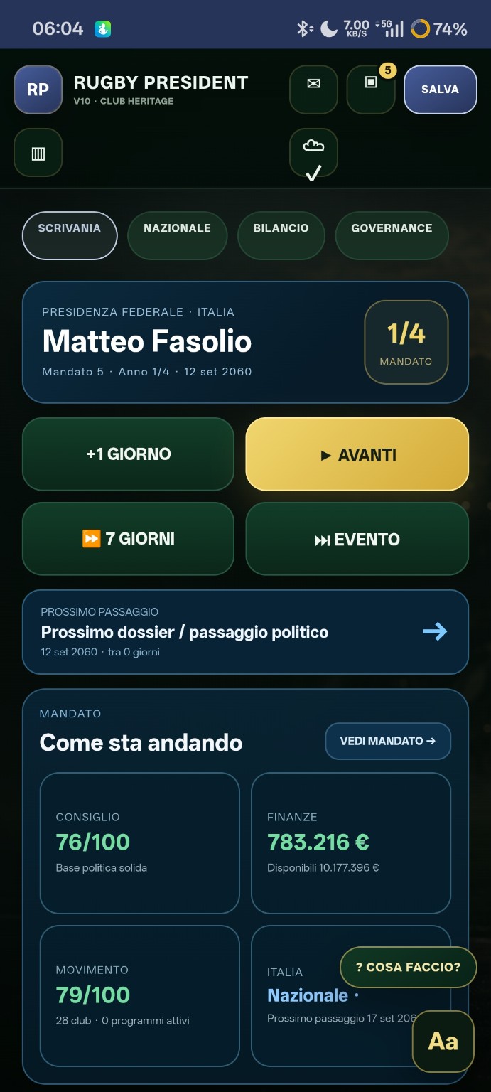 Screenshot reale di Rugby President RP0767 su smartphone: Presidente Matteo Fasolio, mandato, comandi di avanzamento e sezione Come sta andando della Scrivania Federale