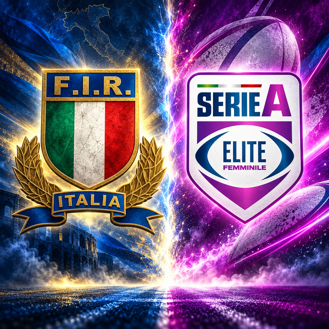 Illustrazione AI con i loghi FIR e Serie A Elite Femminile contrapposti, simbolo del rapporto tra Nazionale e campionato italiano.