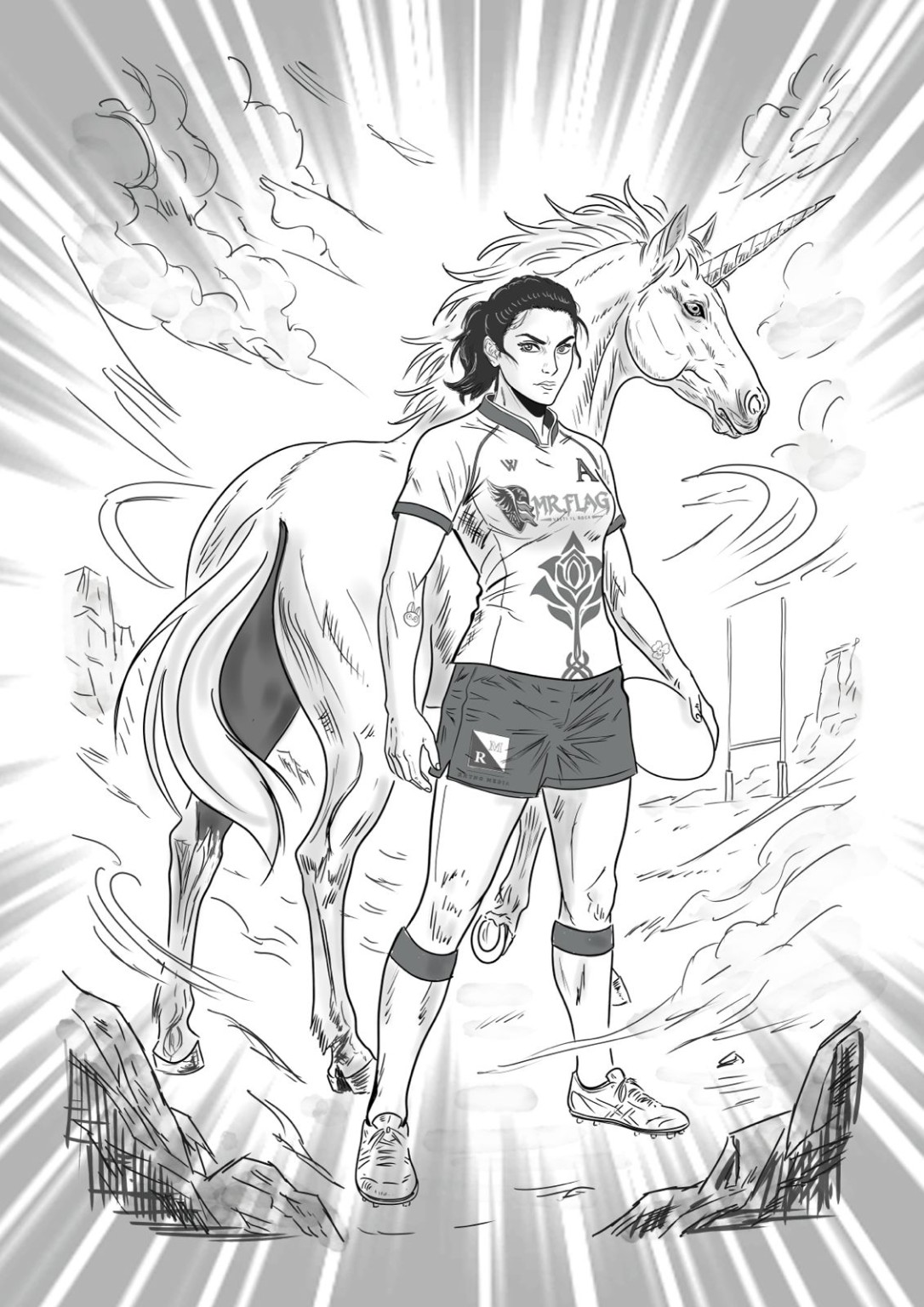 Tavola Kizuna con una rugbista e un unicorno