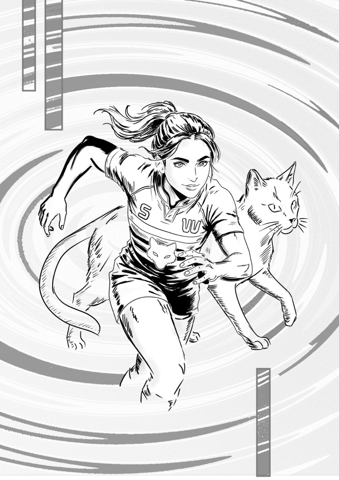 Illustrazione Kizuna: rugbista in corsa accompagnata da figure feline