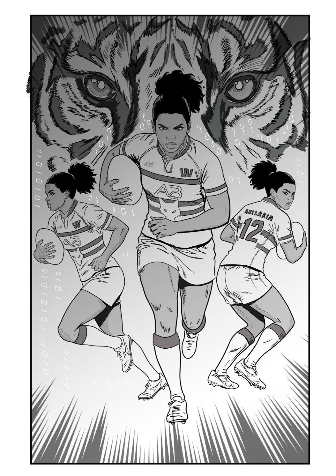 Illustrazione Kizuna: Abelaria in tre pose con una tigre sullo sfondo