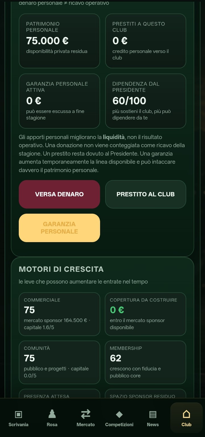 Patrimonio personale e sostegno al club in Rugby President